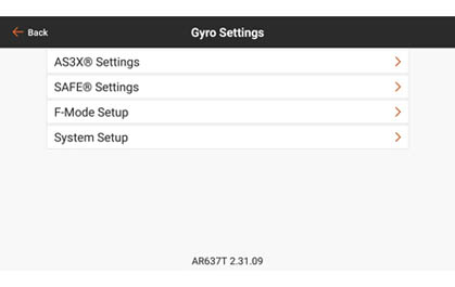 Screenshot of the display of AS3X+ forward programming menu offers wireless configuration from any Spektrum transmitter